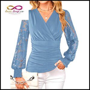 Elegant Lace Sleeve Wrap Blouse, Ruched Waist, Long Sleeve Top